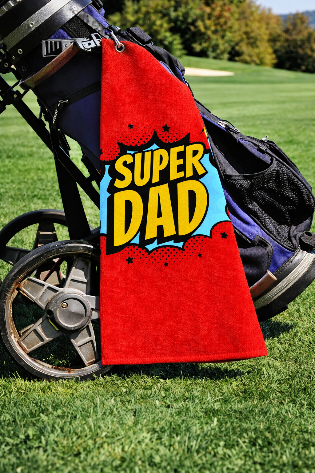 Super Dad Golf Towel – Golf Gift for Dad – Super Dad golf towel clipped to a golf bag