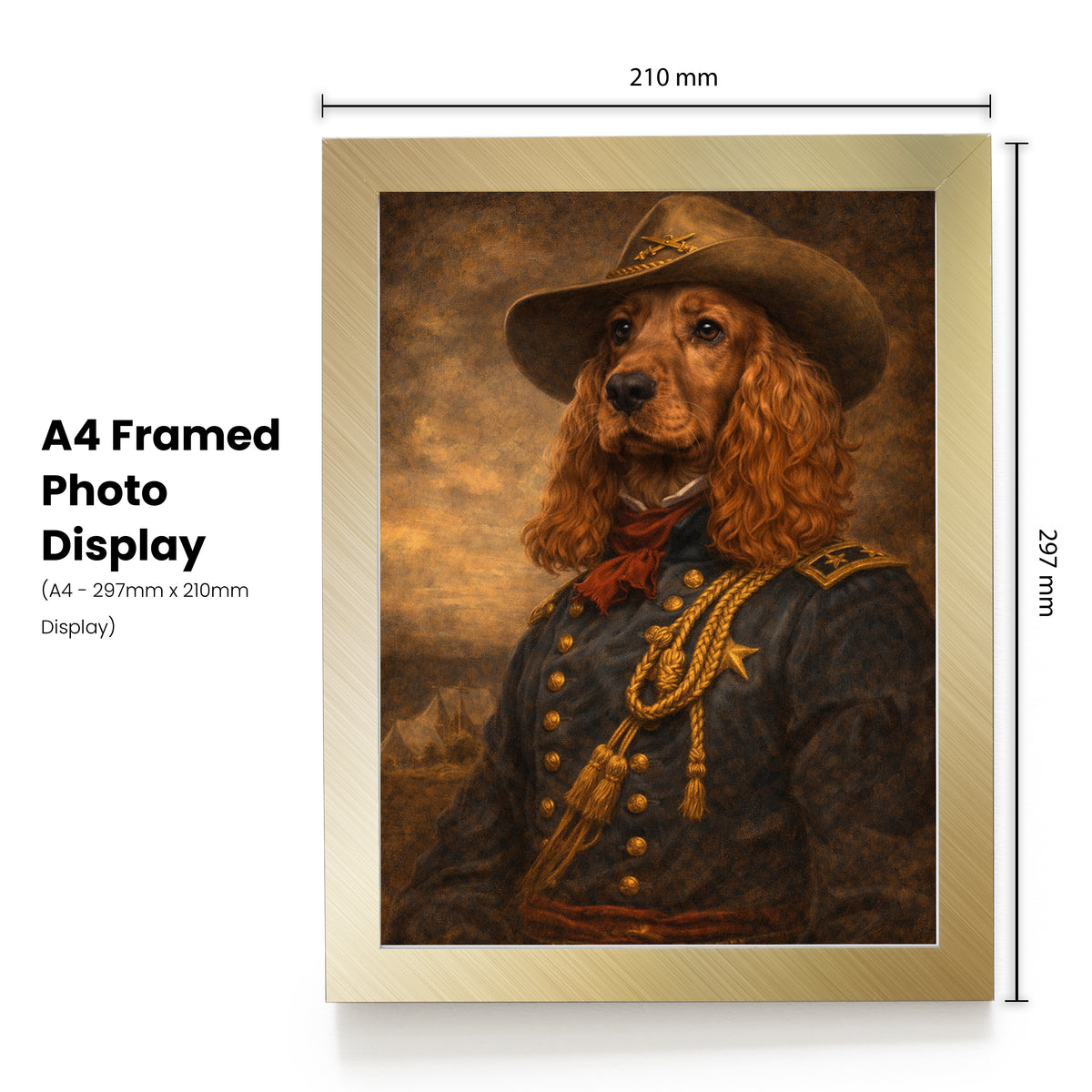 Personalised Pet Portrait – Your Dog or Cat as General Custer – Custom Print or Framed – Personalised Custer pet portrait mockup, Version 1 – a dog or cat as General Custer