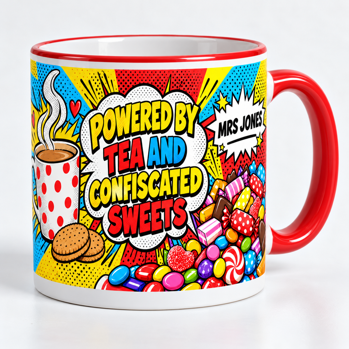 Personalised Teacher Mug – Powered by tea and confiscated sweets – “Powered by tea and confiscated sweets” personalised staffroom mug – studio photo