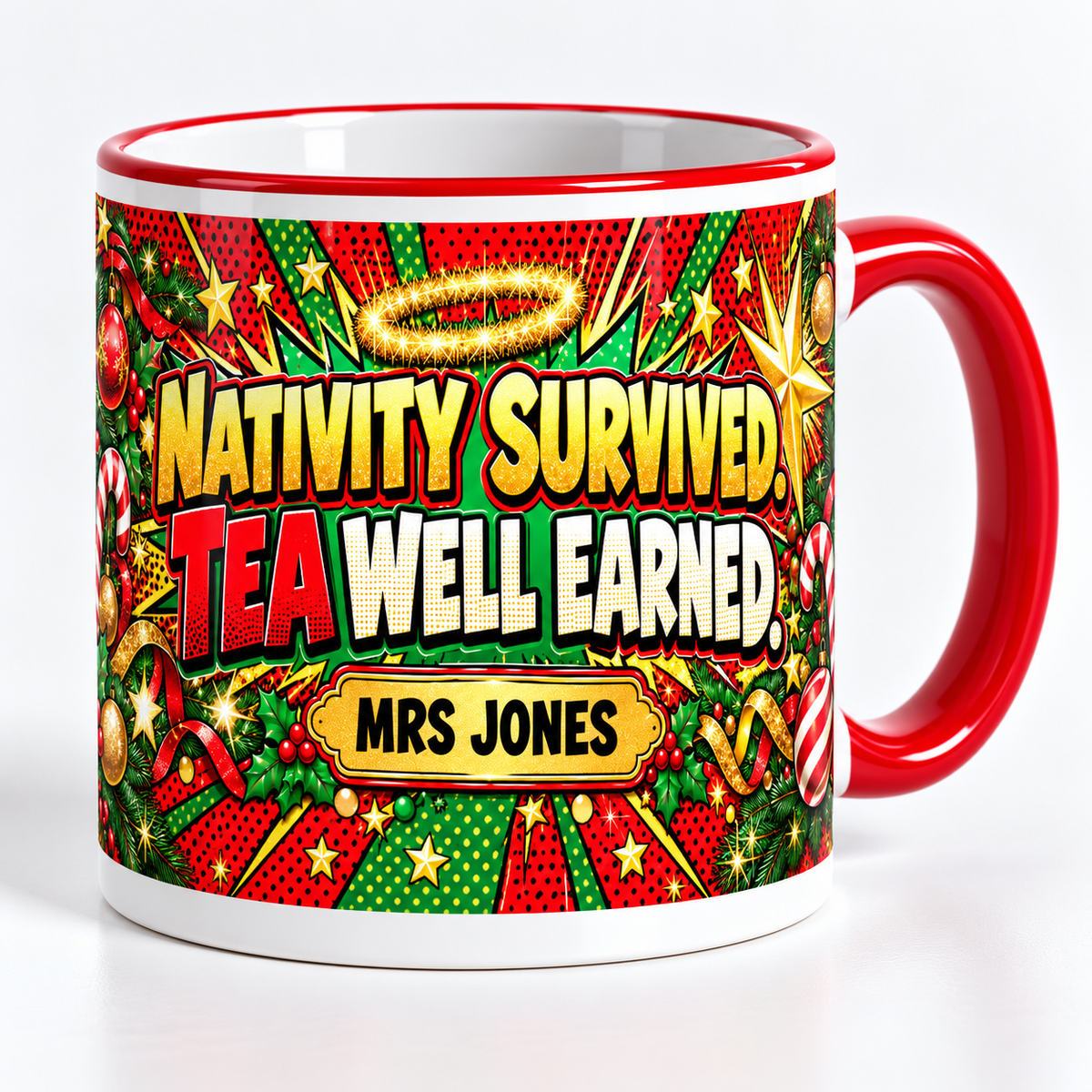 Personalised Christmas Teacher Mug – Nativity survived. Tea well earned – “Nativity survived. Tea well earned” personalised Christmas teacher mug – studio photo