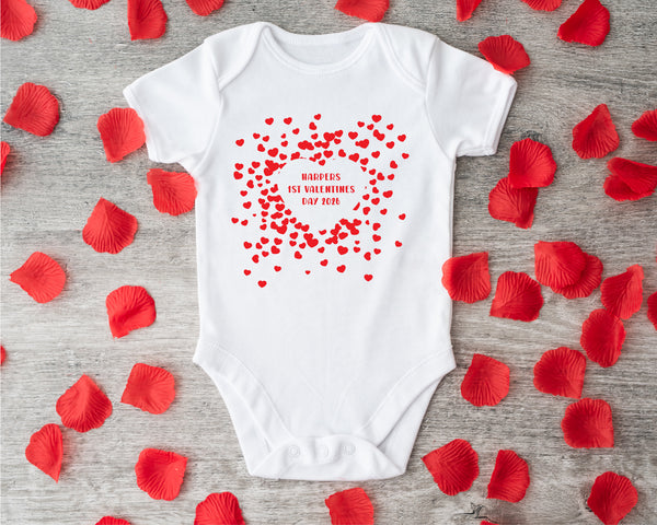 1st Valentine's Day baby grow with name showing the printed design on the front