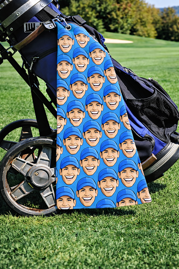 Personalised photo golf towel with a face printed all over, on a golf bag