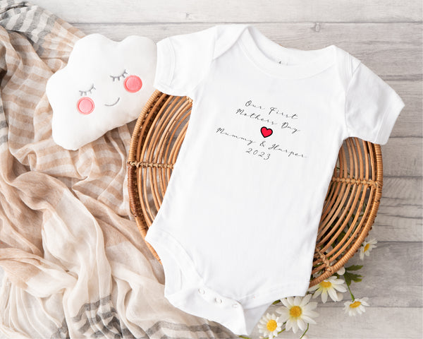 Personalised first Mother's Day baby grow with Our First Mother's Day Heart design in red, printed with baby's name