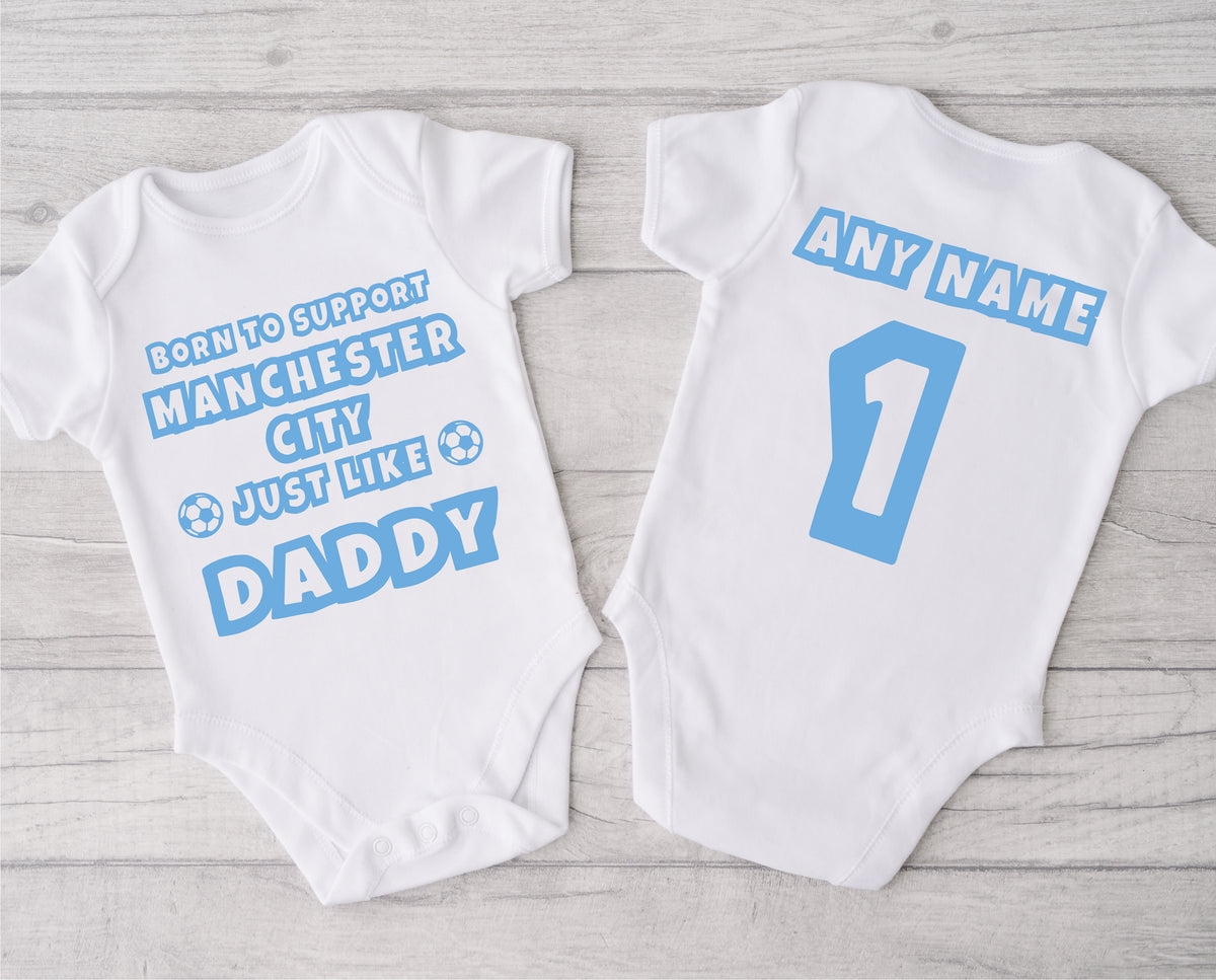 Personalised Football Baby Grow – Born to Support Like Daddy – for Manchester City Fans – Personalised football baby grow with Born to Support Manchester City like Daddy design, personalised with baby's name