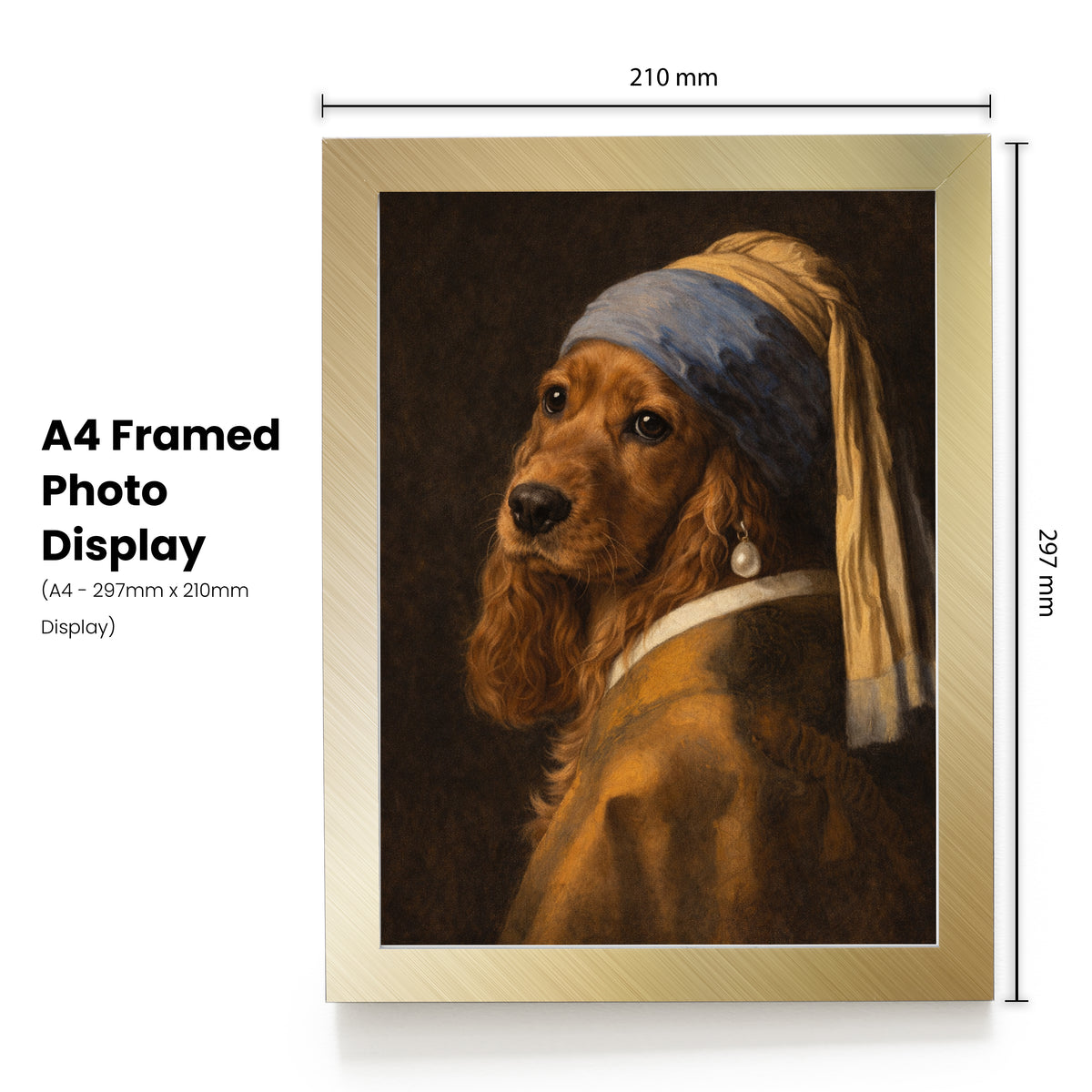Personalised Pet Portrait – Your Dog or Cat as the Girl with a Pearl Earring – Custom Print or Framed – Personalised Pearl Earring pet portrait mockup, Version 1 – a dog or cat as the Girl with a Pearl Earring