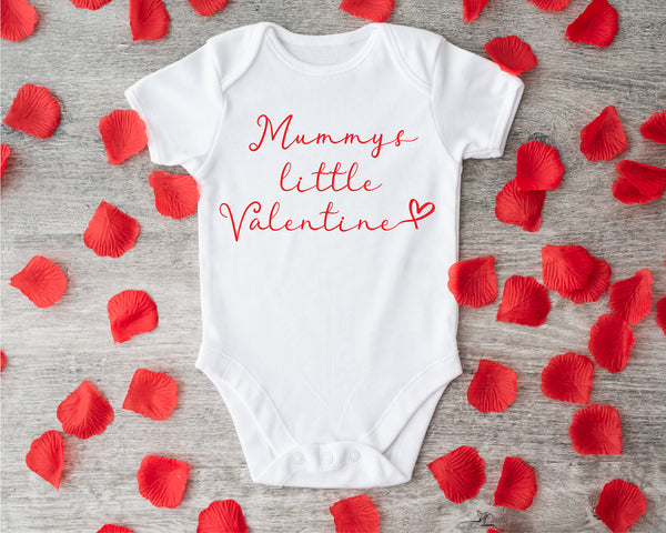 Mummy's little Valentine baby grow showing the printed design on the front
