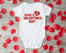 Valentine's Day baby grow with name showing the printed design on the front