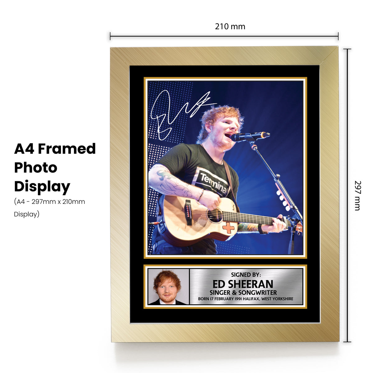 Ed Sheeran Poster Print – Unofficial Music Wall Art – A4 to A0 or Framed – Ed Sheeran poster print, design 1 shown in a gold frame, unofficial music wall art