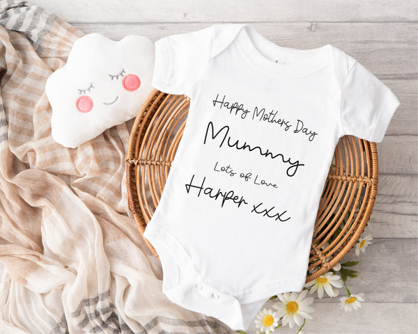 Personalised Mother's Day baby grow with Happy Mother's Day Love From Daddy & Baby design in black, printed with baby's name