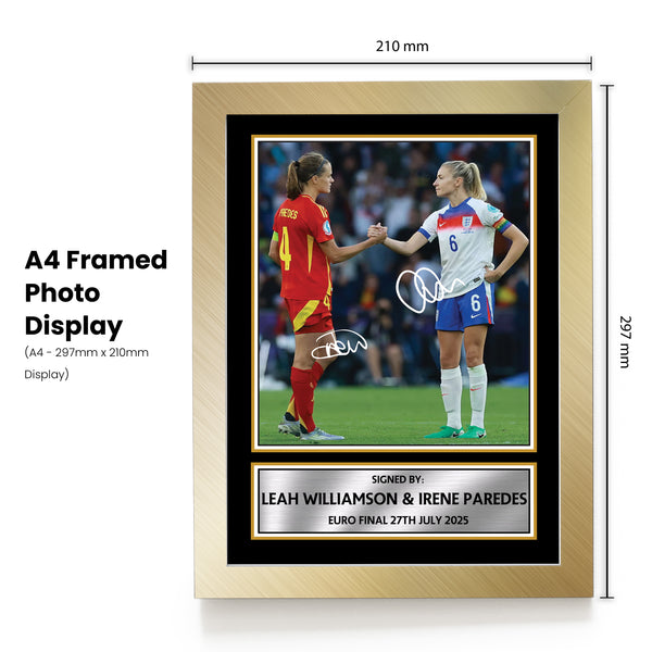 Leah Williamson and Irene Paredes poster print shown in a gold frame, unofficial sports wall art