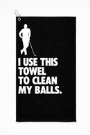 Clean my balls golf towel design 2 on a plain background