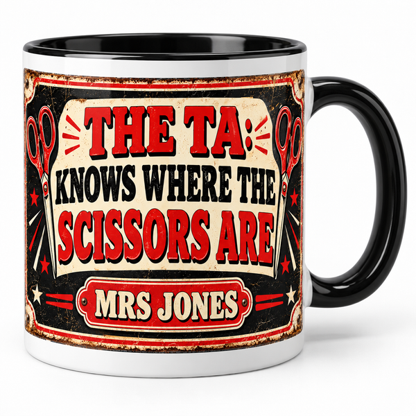 “The TA: knows where the scissors are” personalised teaching assistant mug – studio photo