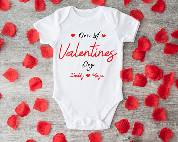 Our First Valentine's Day Daddy baby grow showing the printed design on the front