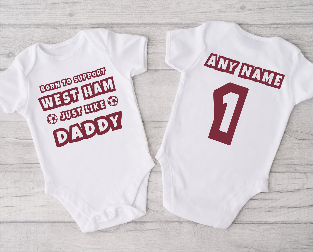 Personalised Football Baby Grow – Born to Support Like Daddy – for West Ham Fans – Personalised football baby grow with Born to Support West Ham like Daddy design, personalised with baby's name