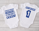 Personalised football baby grow with Born to Support Chelsea like Daddy design, personalised with baby's name