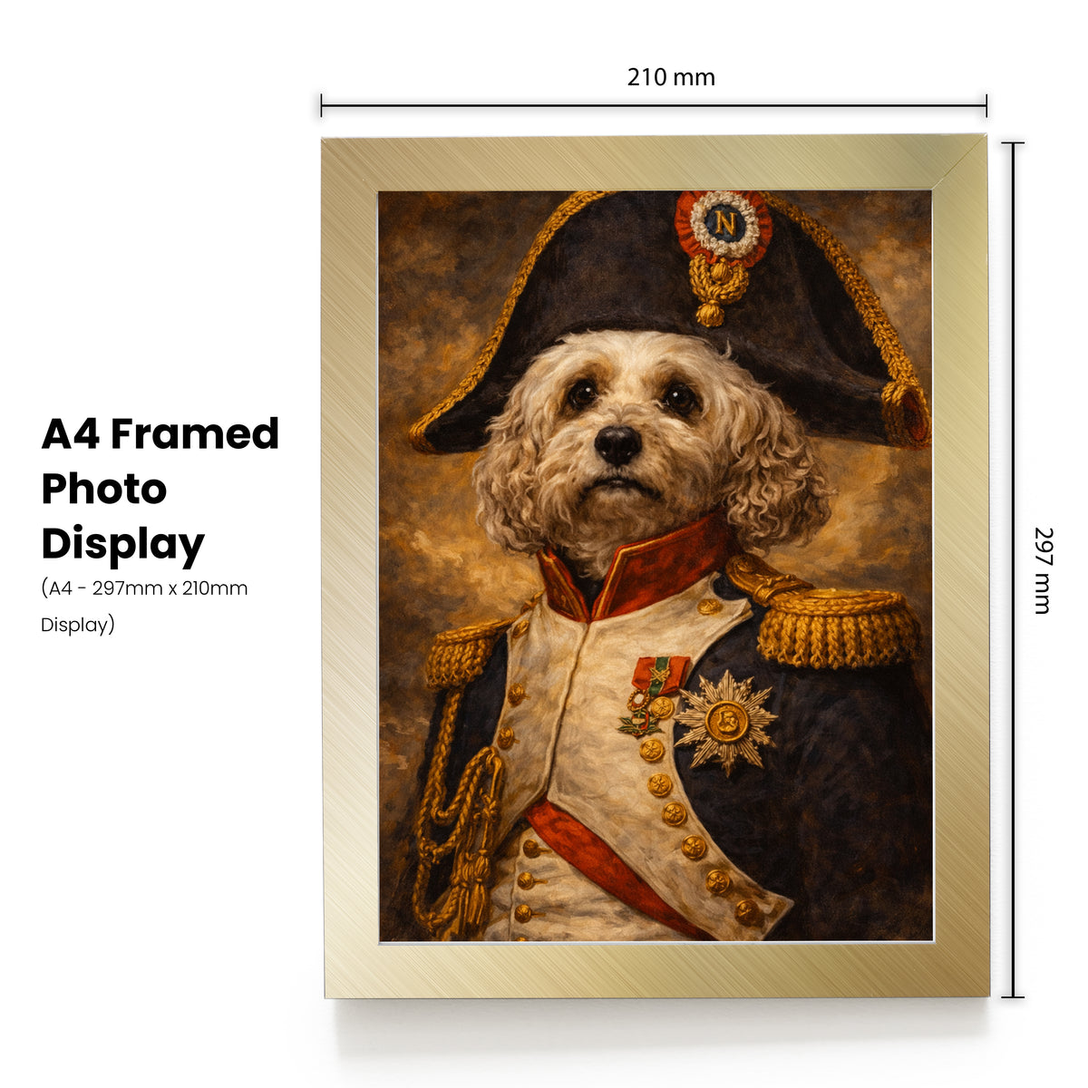 Personalised Pet Portrait – Your Dog or Cat as Napoleon – Custom Print or Framed – Personalised Napoleon pet portrait mockup, Version 1 – a dog or cat as Napoleon
