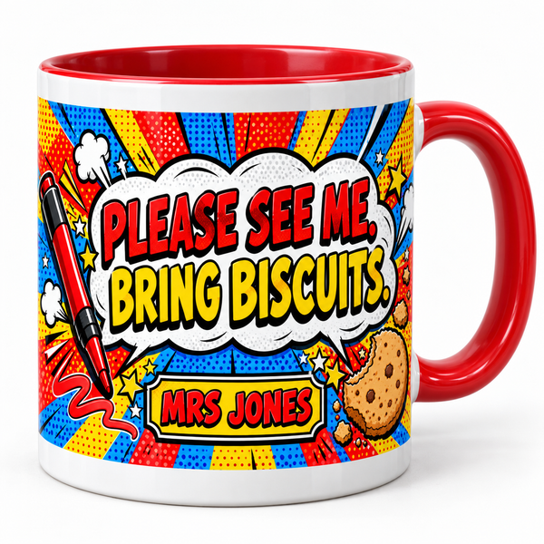 “Please see me. Bring biscuits” personalised teacher mug – studio photo
