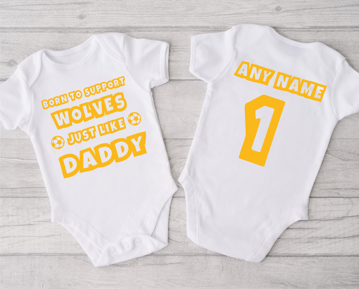 Personalised Football Baby Grow – Born to Support Like Daddy – for Wolves Fans – Personalised football baby grow with Born to Support Wolves like Daddy design, personalised with baby's name