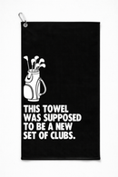 New set of clubs golf towel on a plain background
