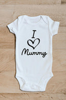 I heart Mummy baby grow showing the printed design on the front