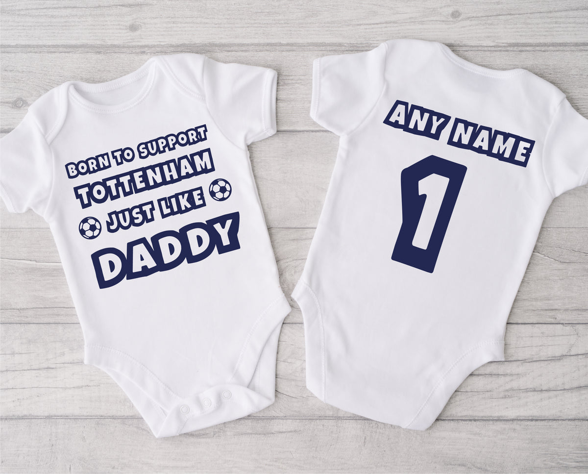 Personalised Football Baby Grow – Born to Support Like Daddy – for Tottenham Fans – Personalised football baby grow with Born to Support Tottenham like Daddy design, personalised with baby's name