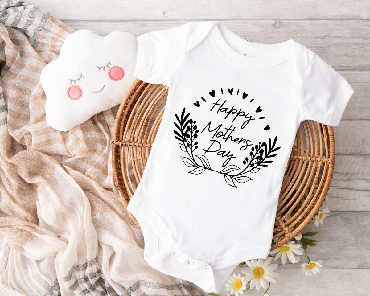 Personalised Mother's Day Baby Grow – Happy Mother's Day Floral Design in Black – with Baby's Name – Personalised Mother's Day baby grow with Happy Mother's Day Floral design in black, printed with baby's name