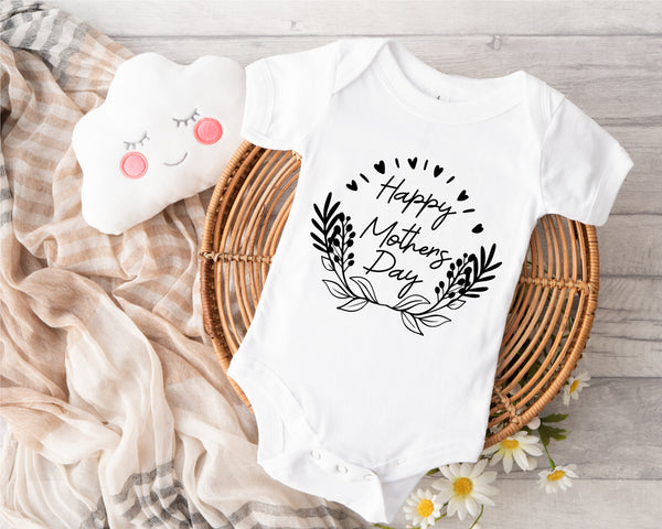 Personalised Mother's Day baby grow with Happy Mother's Day Floral design in black, printed with baby's name
