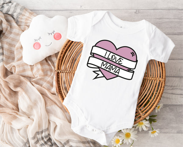 Personalised Mother's Day baby grow with Heart With Banner design in pink, printed with baby's name