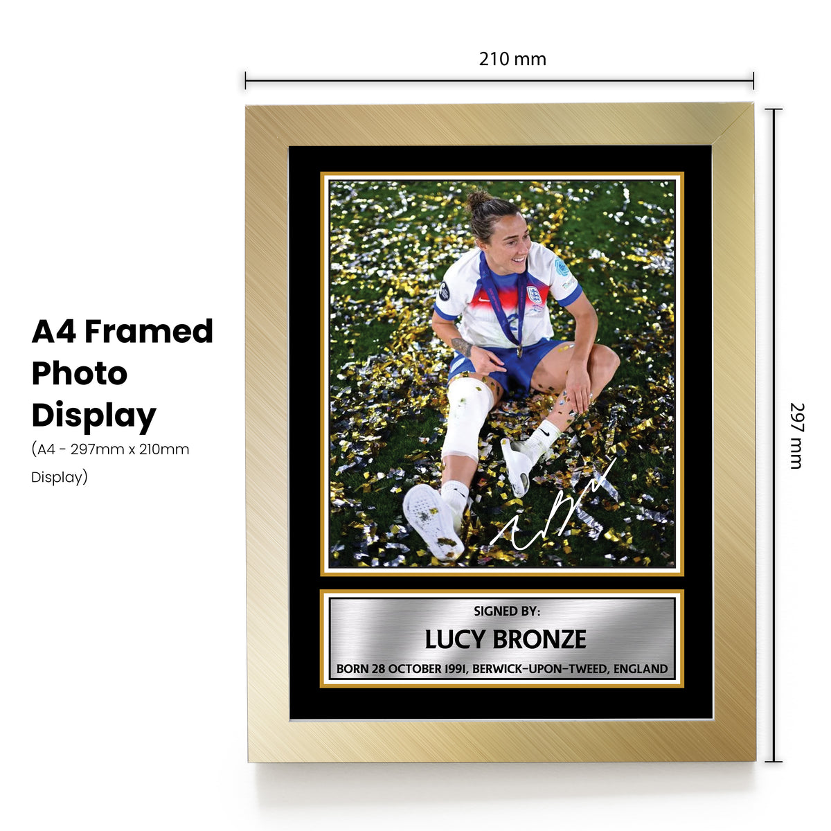 Lucy Bronze Poster Print – Unofficial Football Wall Art – A4 to A0 or Framed – Lucy Bronze poster print, portrait shown in a gold frame, unofficial sports wall art