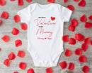 First Valentine Is Mummy name baby grow showing the printed design on the front