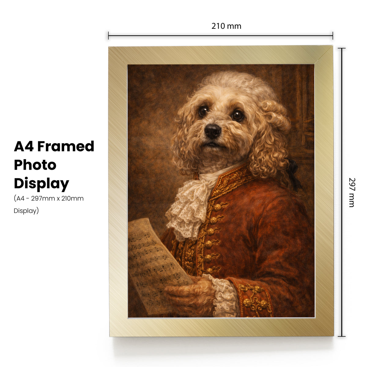Personalised Pet Portrait – Your Dog or Cat as Mozart – Custom Print or Framed – Personalised Mozart pet portrait mockup, Version 1 – a dog or cat as Mozart