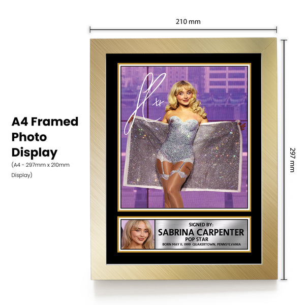 Sabrina Carpenter poster print, design 1 shown in a gold frame, unofficial music wall art