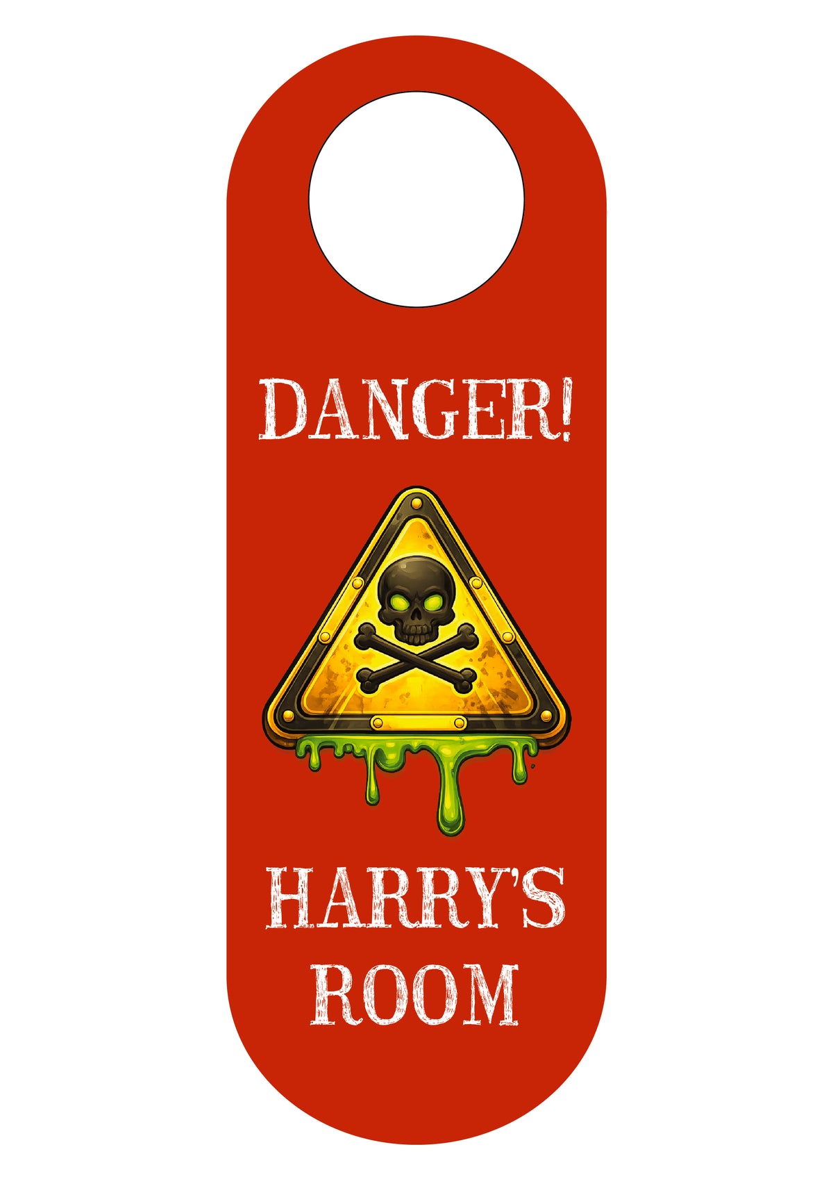 Personalised Danger Door Hanger – Keep Out Kids Room Sign – Pack of 4 – Personalised danger door hanger reading Danger! Harry's Room