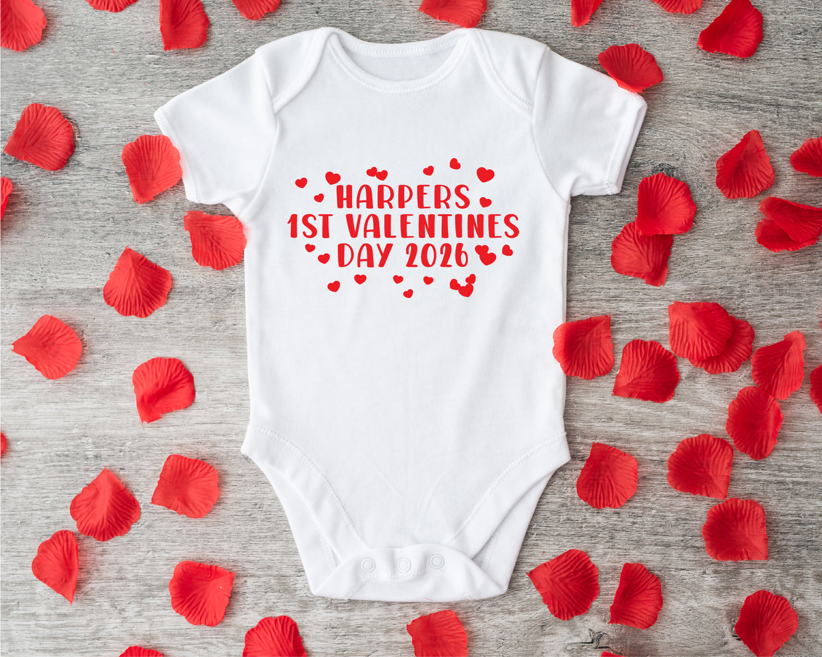 Personalised Baby's 1st Valentine's Day Baby Grow with Name & Year – Style 2 – 1st Valentine's Day name baby grow showing the printed design on the front