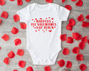 1st Valentine's Day name baby grow showing the printed design on the front