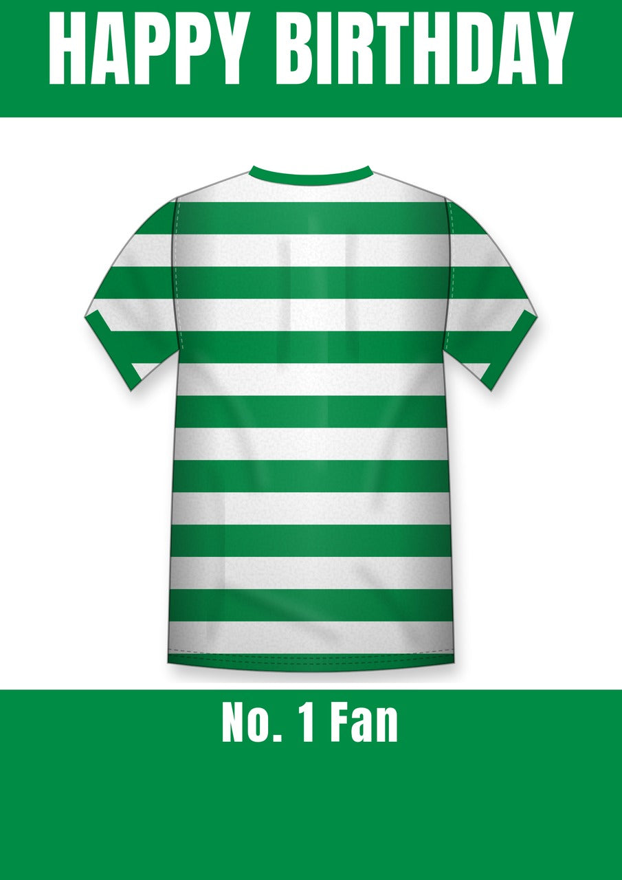Personalised Green & White Hooped Football Shirt Birthday Card – No. 1 Fan Banner, A5 350gsm – Football shirt birthday card with a green and white hooped shirt and No. 1 Fan banner