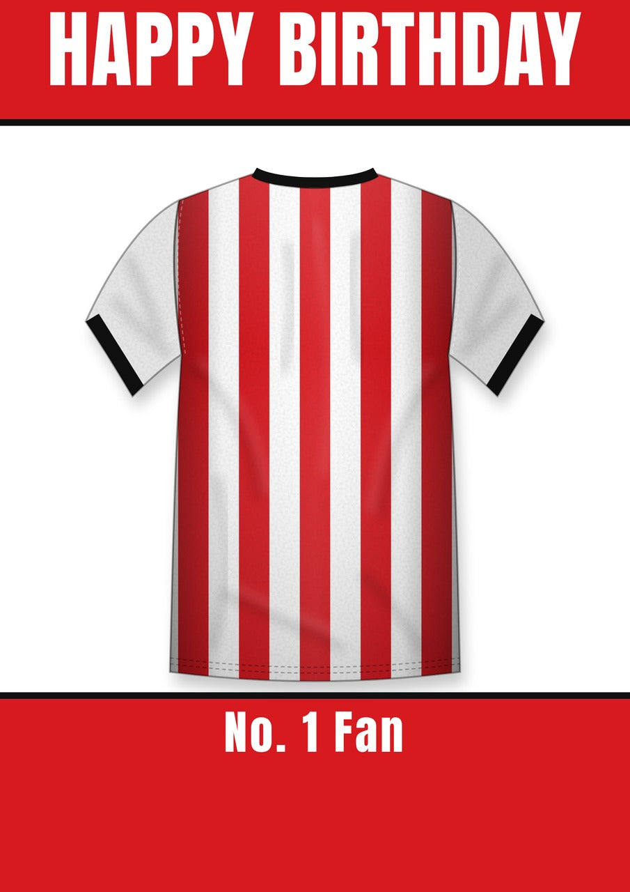 Personalised Red & White Striped Football Shirt Birthday Card – No. 1 Fan Banner, A5 350gsm – Football shirt birthday card with a red and white striped shirt and No. 1 Fan banner