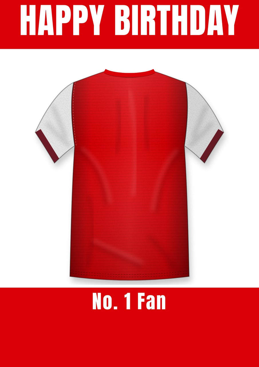 Personalised Red Football Shirt with White Sleeves Birthday Card – No. 1 Fan Banner, A5 350gsm – Football shirt birthday card with a red shirt with white sleeves and No. 1 Fan banner