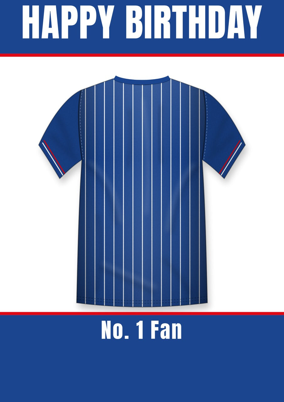 Personalised Royal Blue Football Shirt with White Pinstripes Birthday Card – No. 1 Fan Banner, A5 350gsm – Football shirt birthday card with a royal blue shirt with white pinstripes and No. 1 Fan banner
