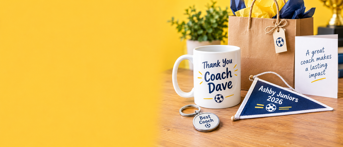 Personalised thank you coach mug, keyring and team pennant collection banner