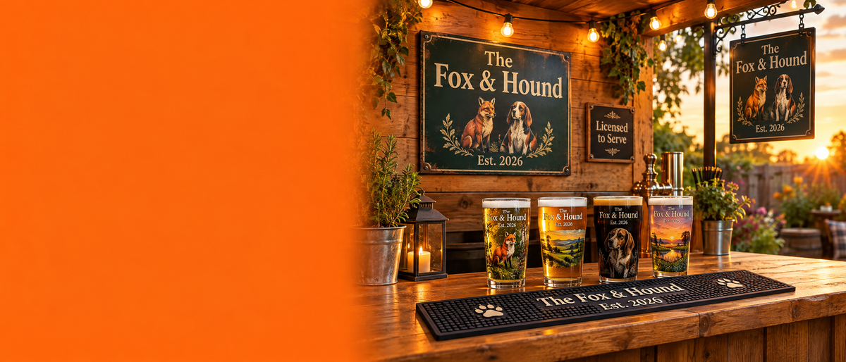 Personalised garden bar with pub sign, bar runner and printed pint glasses collection banner