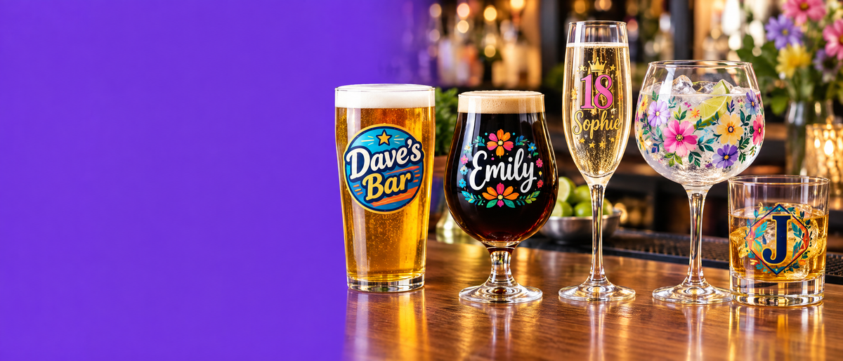 Full colour printed pint glass, stout glass, champagne flute, gin glass and whisky tumbler collection banner