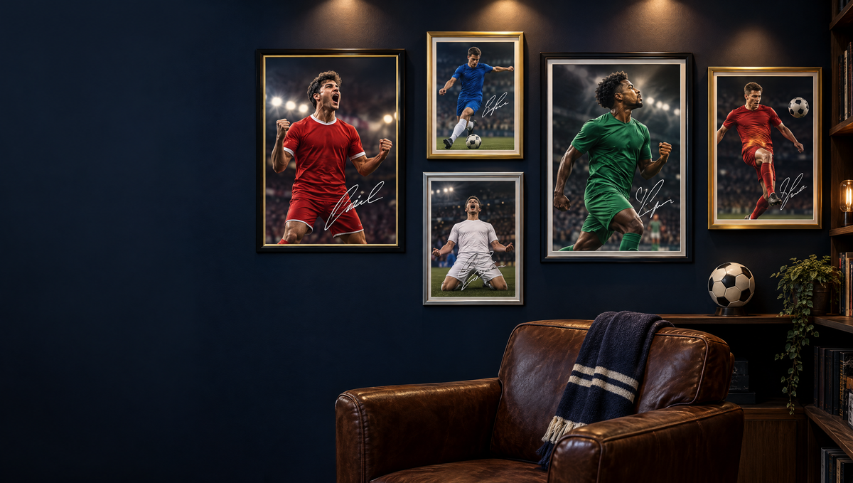Framed football star poster prints with printed signatures on a games room wall