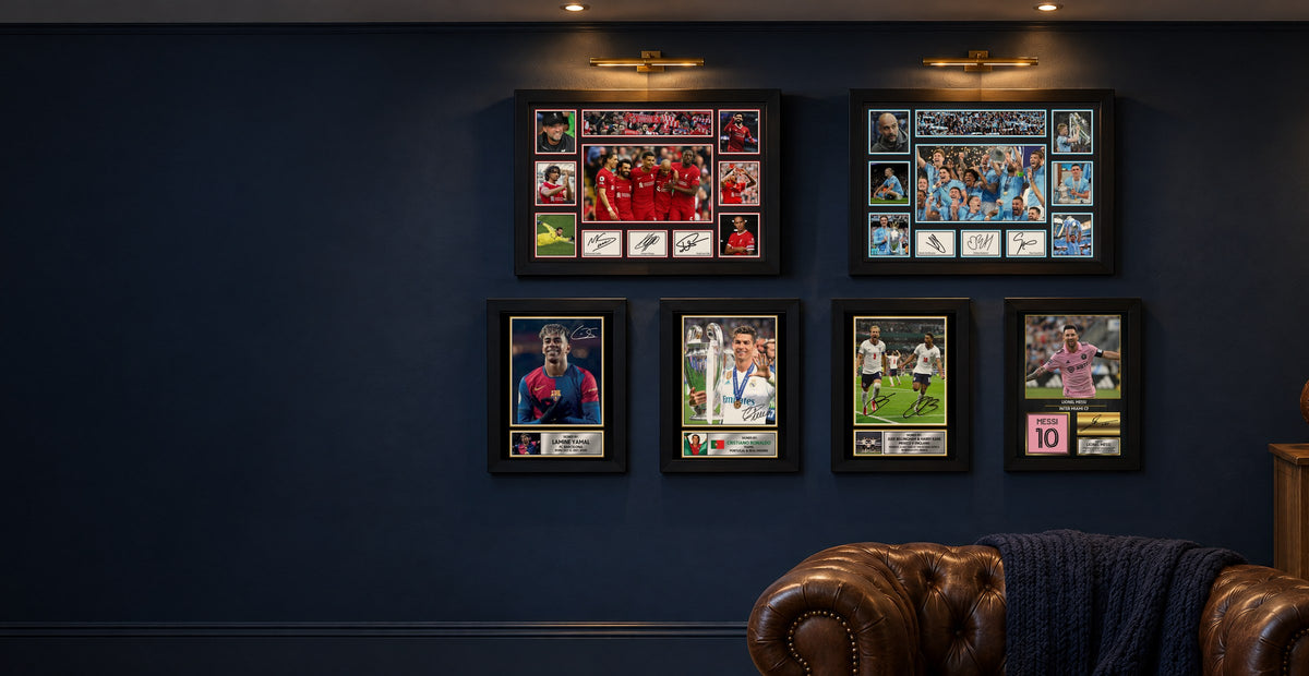 Football star poster prints framed in a games room – Foxy Printing
