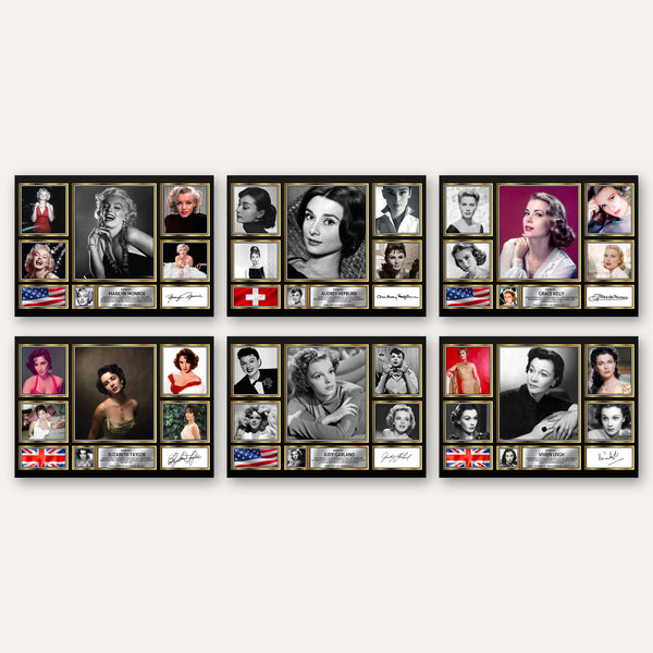A6 classic film star poster card pack: six Hollywood actress cards in a grid