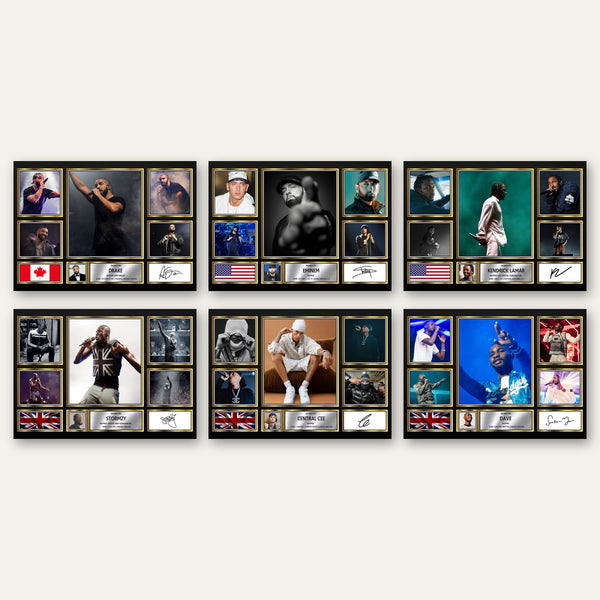 A6 rap star poster card pack: six hip hop star cards in a grid