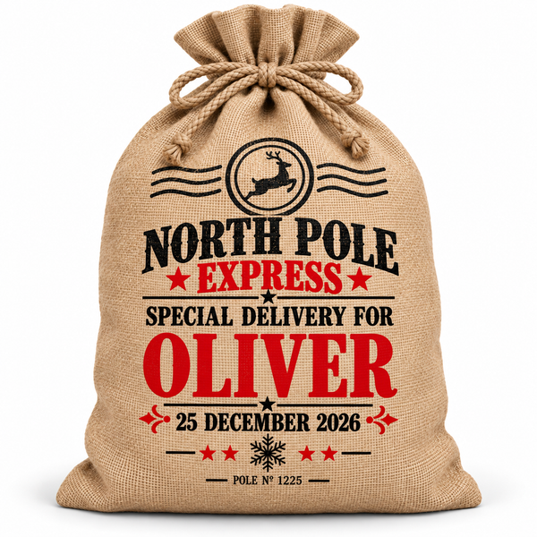Personalised North Pole Express Santa Sack XL EXTRA LARGE Custom Name white background mockup