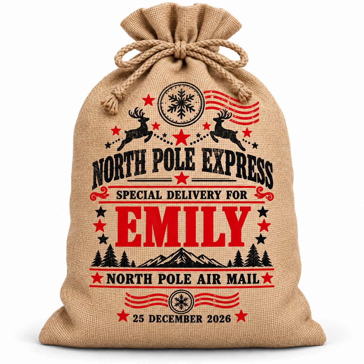 Personalised Reindeer Express Santa Sack XL EXTRA LARGE Custom Name white background mockup