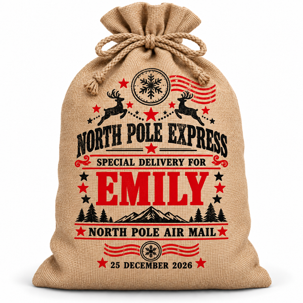 Personalised Reindeer Express Small Hessian Santa Sack Custom Name – personalised Reindeer Express Santa Sack XL EXTRA LARGE
