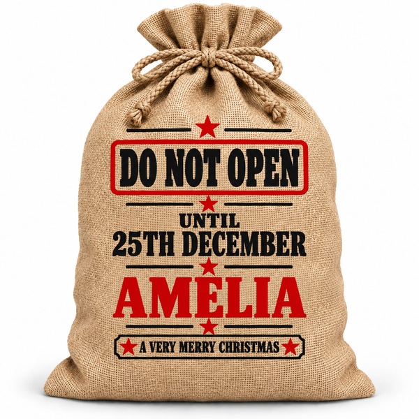 Personalised Do Not Open Amelia Santa Sack XL EXTRA LARGE Custom Name white background mockup